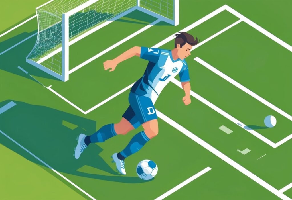 Jogador de futebol driblando a bola em um campo verde com um gol ao fundo.