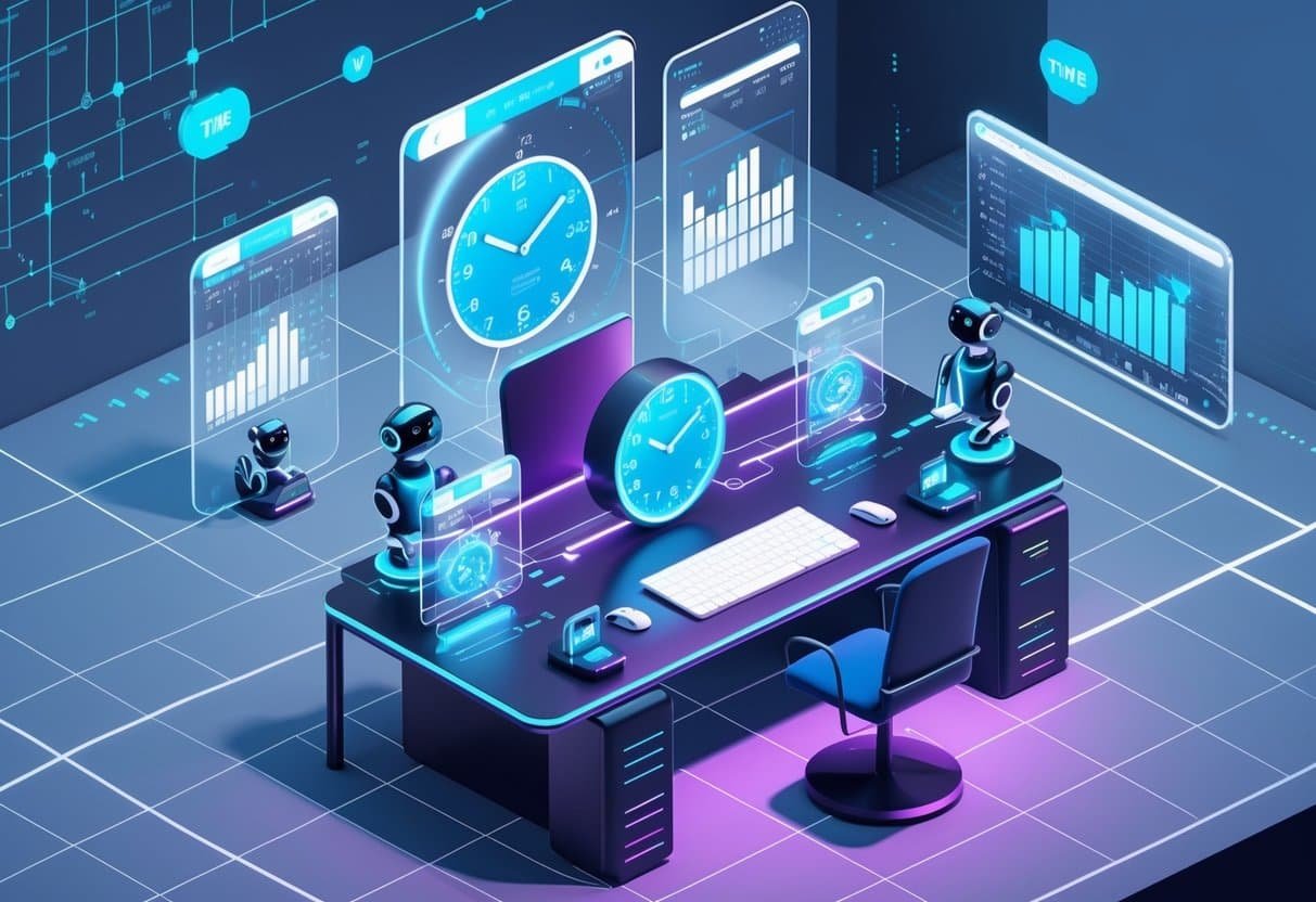 Um ambiente de trabalho futurista com telas holográficas mostrando relógios, calendários e gráficos, com um grande relógio digital no centro e dispositivos tecnológicos ao redor.