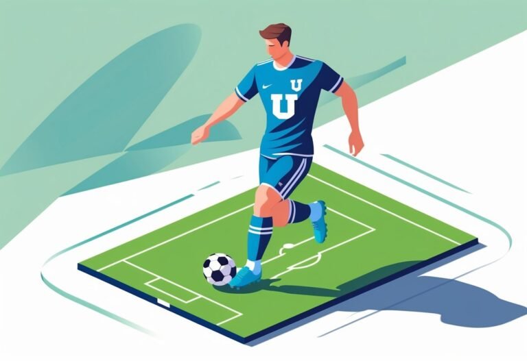 Jogador de futebol com uniforme azul e branco, driblando uma bola em um campo verde.