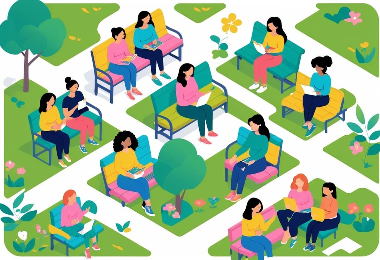 Grupo diverso de mulheres em um parque urbano, interagindo e realizando atividades variadas.