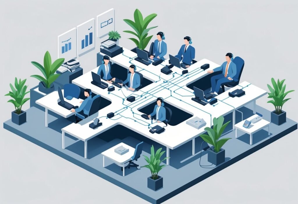 Ilustração de um escritório moderno com várias mesas, computadores e pessoas se comunicando por dispositivos digitais.