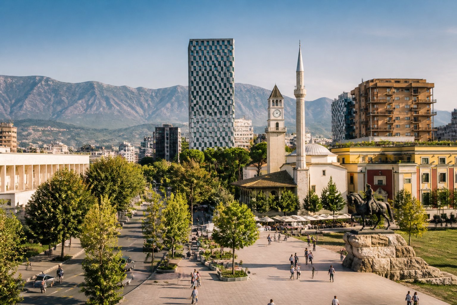 Vista panorâmica de Tirana com a Praça Skanderbeg, edifícios históricos, ruas arborizadas e montanhas ao fundo.