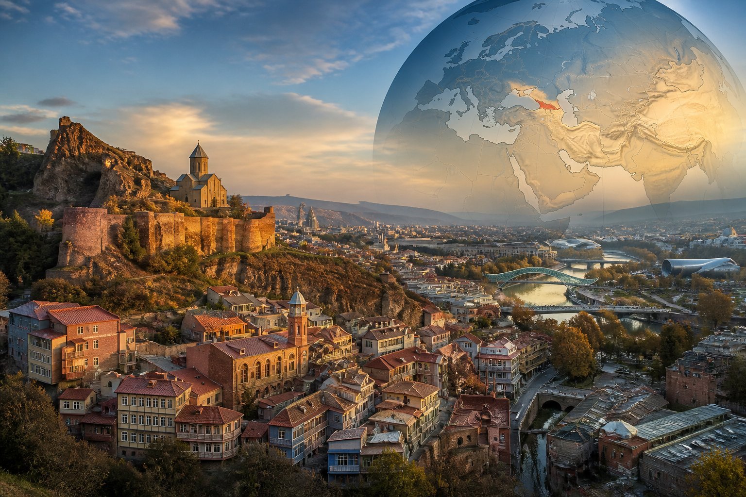 Vista panorâmica de Tbilisi, com a Cidade Velha, o rio Kura e a fortaleza de Narikala.