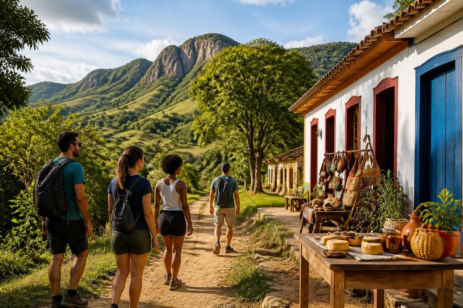 Turistas percorrem uma trilha entre montanhas, vegetação e uma construção colonial em Prados, Minas Gerais.