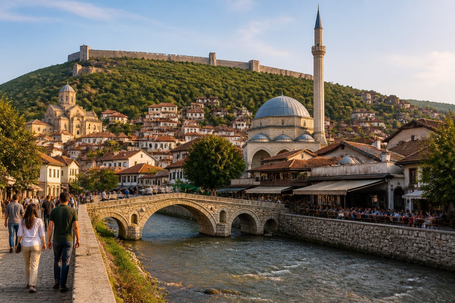Vista panorâmica do centro histórico de Prizren, com mesquita, casas tradicionais, rio, cafés e a fortaleza ao fundo.