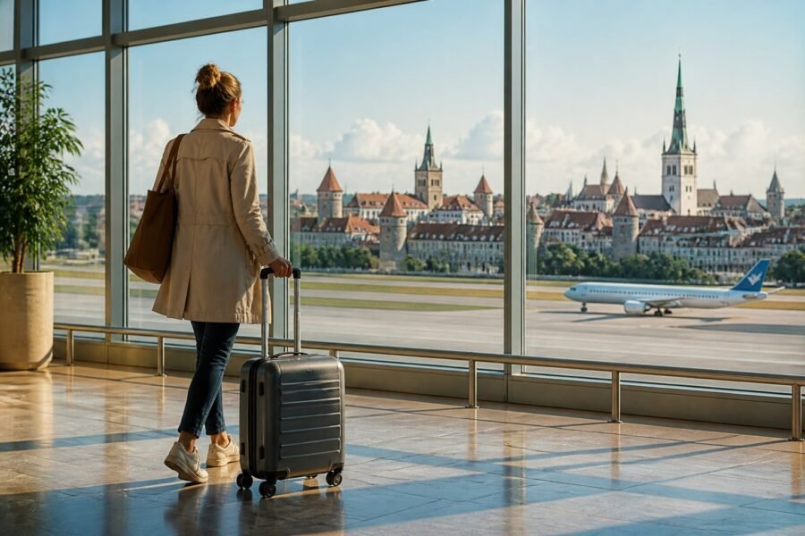 Viajante com mala caminhando por um aeroporto, com a vista da cidade histórica de Tallinn ao fundo.