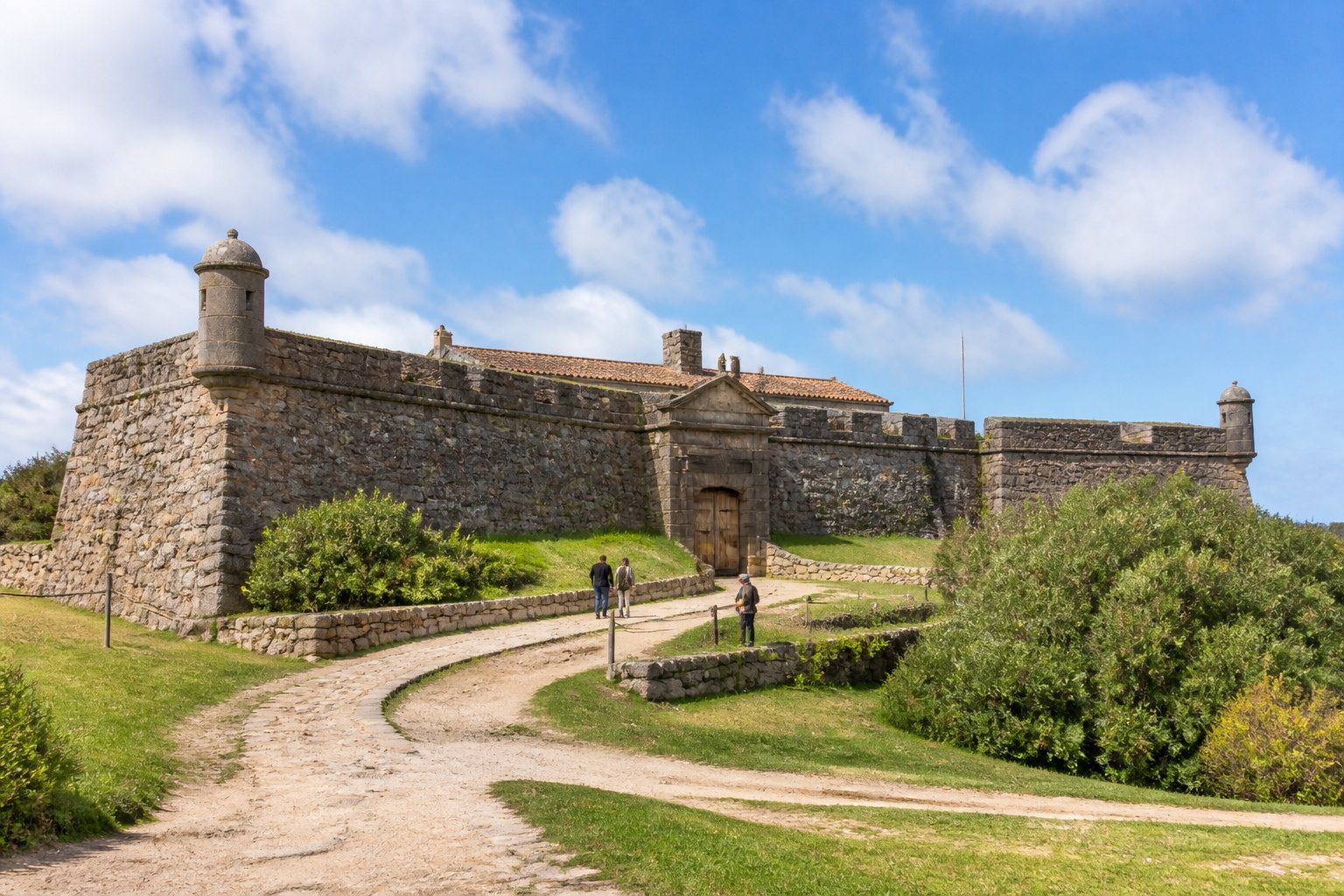Fortaleza histórica de pedra cercada por gramados e vegetação, com visitantes caminhando pelo local.