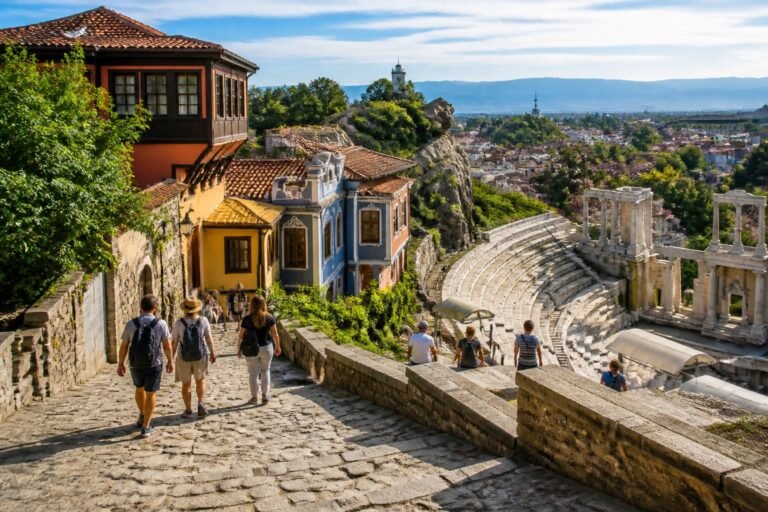 Viajantes exploram o centro histórico de Plovdiv, com casas coloridas e um antigo teatro romano ao fundo.