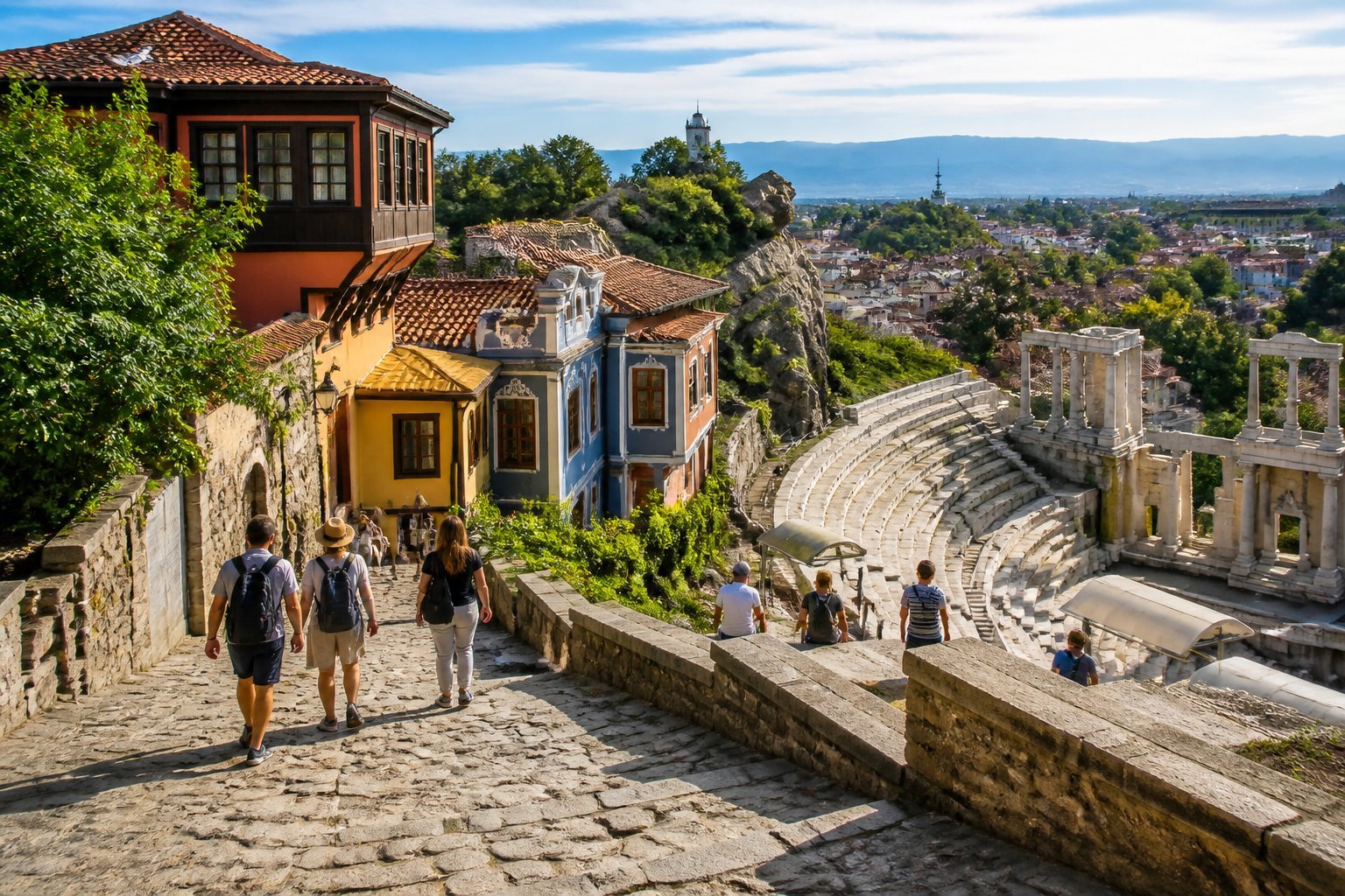 Viajantes exploram o centro histórico de Plovdiv, com casas coloridas e um antigo teatro romano ao fundo.