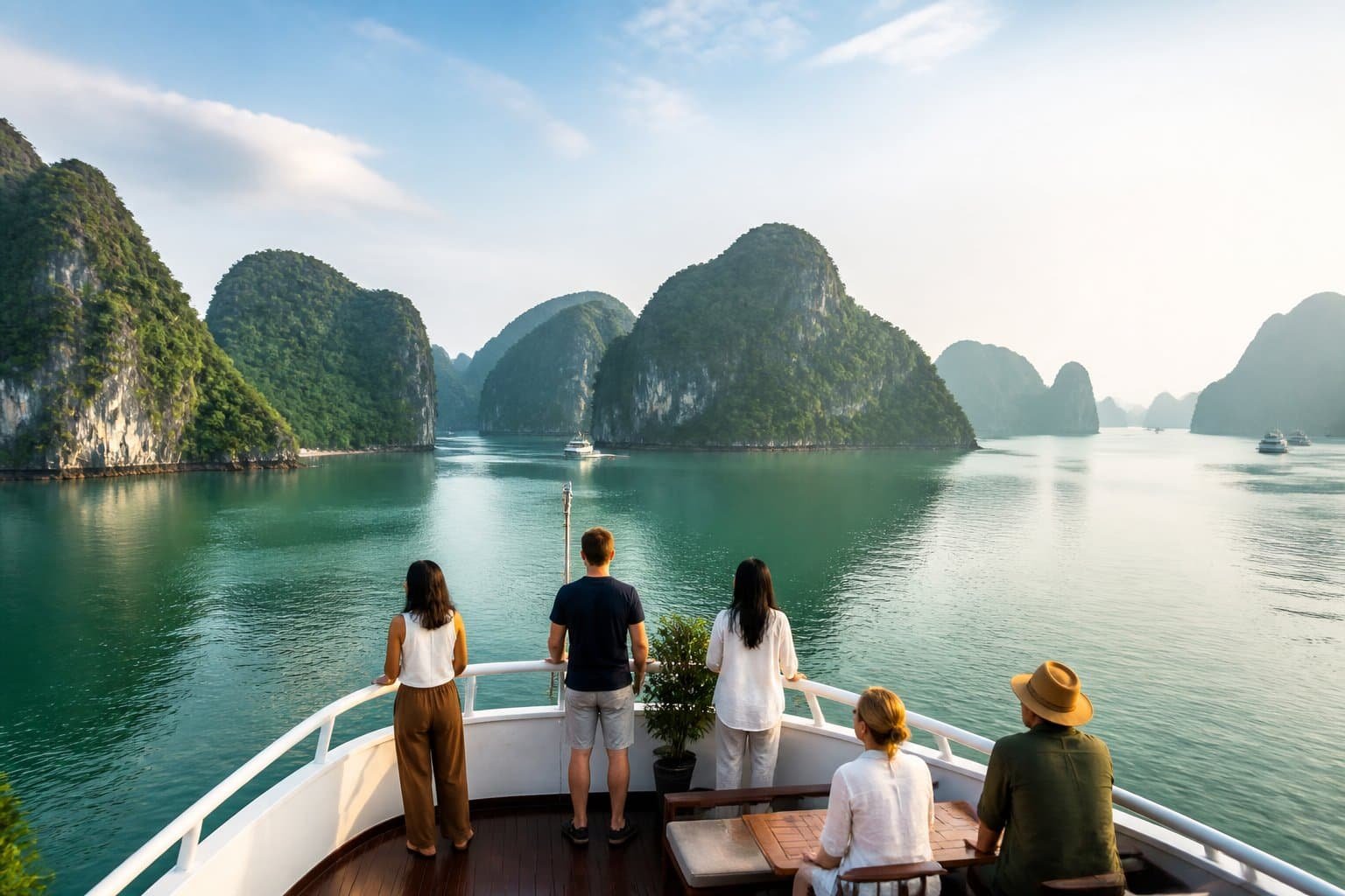 Barco de passageiros navegando pelas águas verdes da Baía de Halong entre grandes ilhas de calcário cobertas de vegetação.