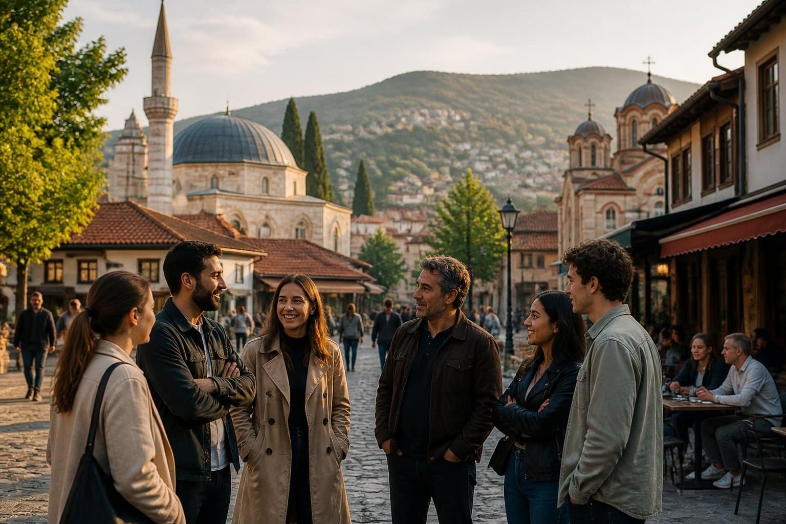 Grupo diverso de pessoas reunido em uma praça histórica dos Bálcãs, com arquitetura regional e montanhas ao fundo.