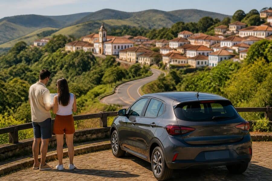 Viajantes observam a paisagem de Santana dos Montes a partir de um mirante, com estrada rural, colinas verdes e casas históricas ao fundo.