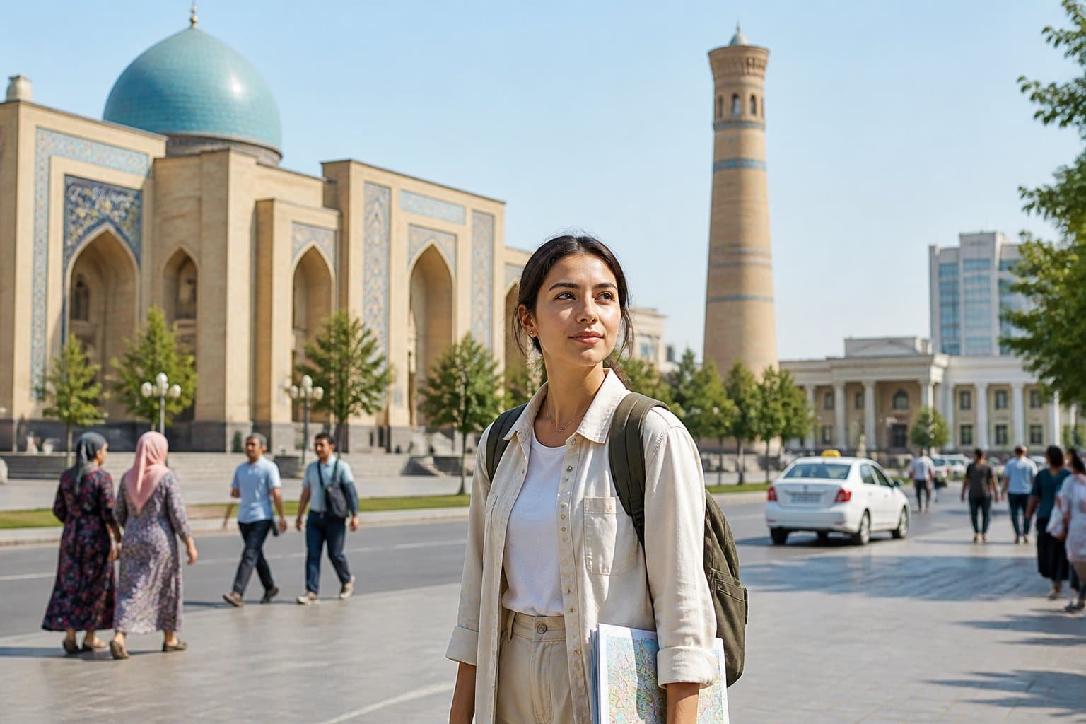 Viajante observa uma praça movimentada e tranquila em uma cidade do Uzbequistão.