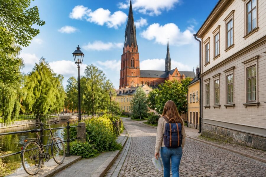 Vista de Uppsala com a catedral histórica, ruas de paralelepípedos, bicicletas e um viajante caminhando pela cidade.