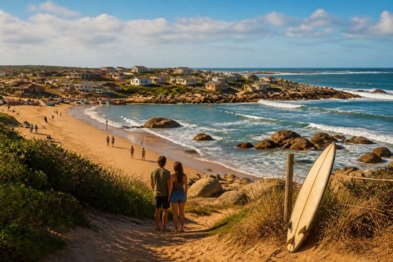 Praia de Punta del Diablo com dunas, barcos de pesca, formações rochosas e pessoas caminhando à beira-mar.